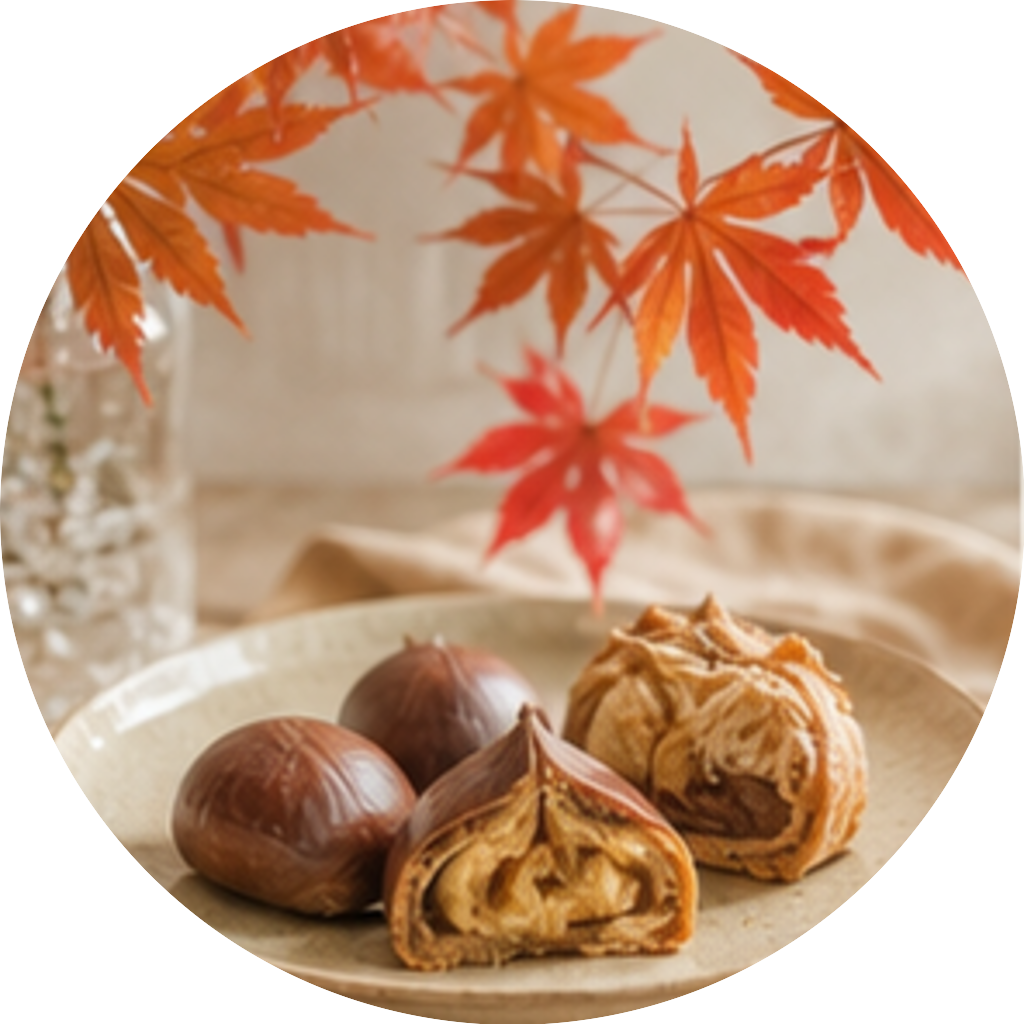 紅葉と栗菓子をテーマにした11月の季節写真