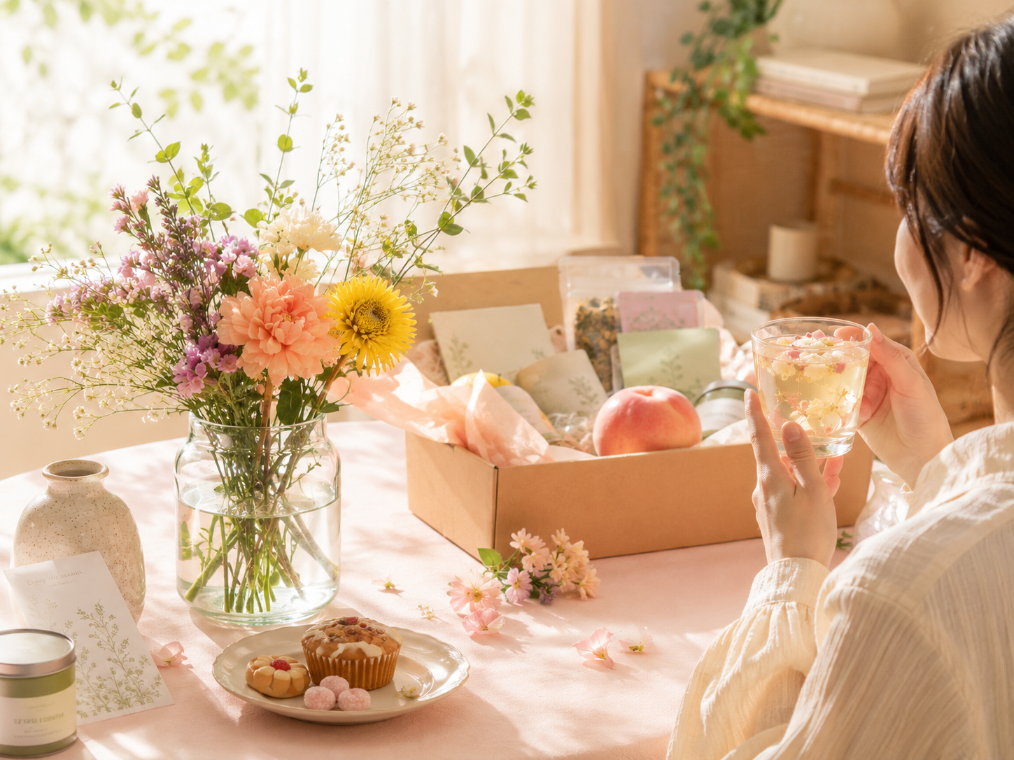 届いた花やアイテムを部屋に飾る様子